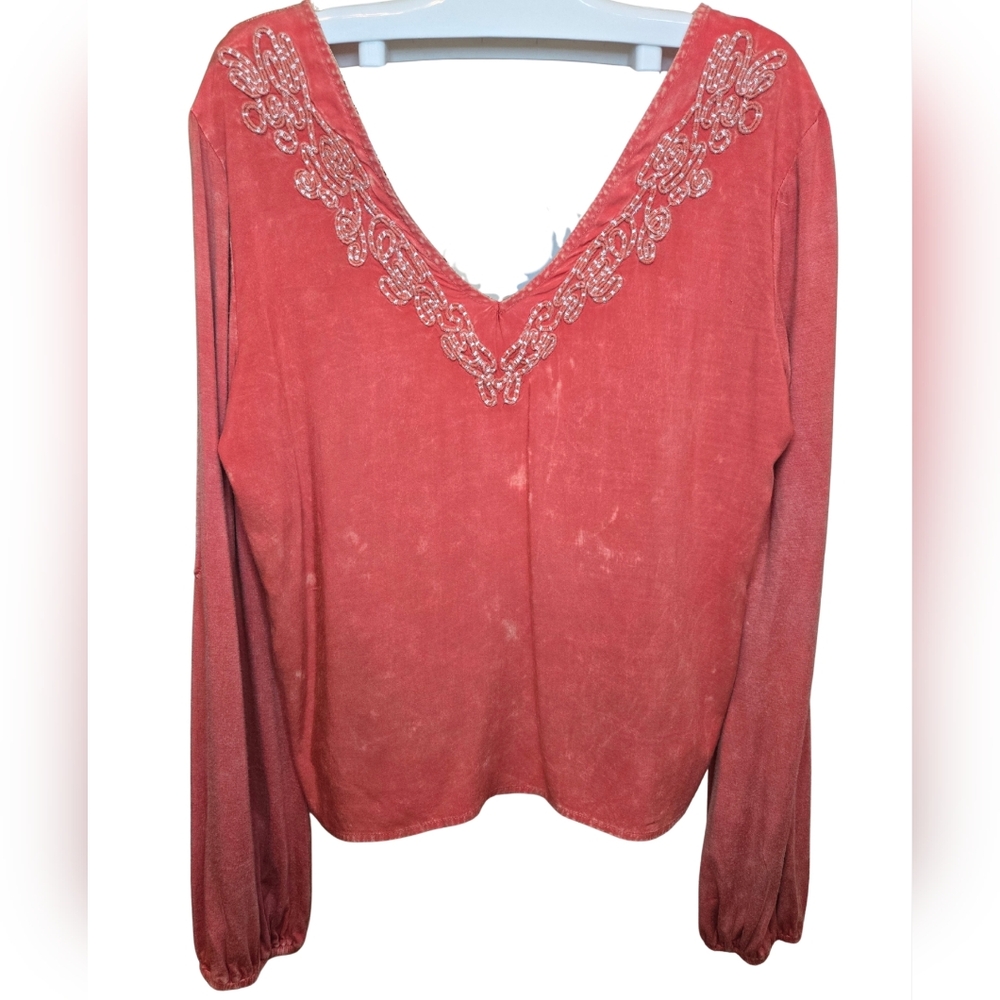 Gimmicks by BKE Terra Cotta Colored Blouse with Lace Detail
